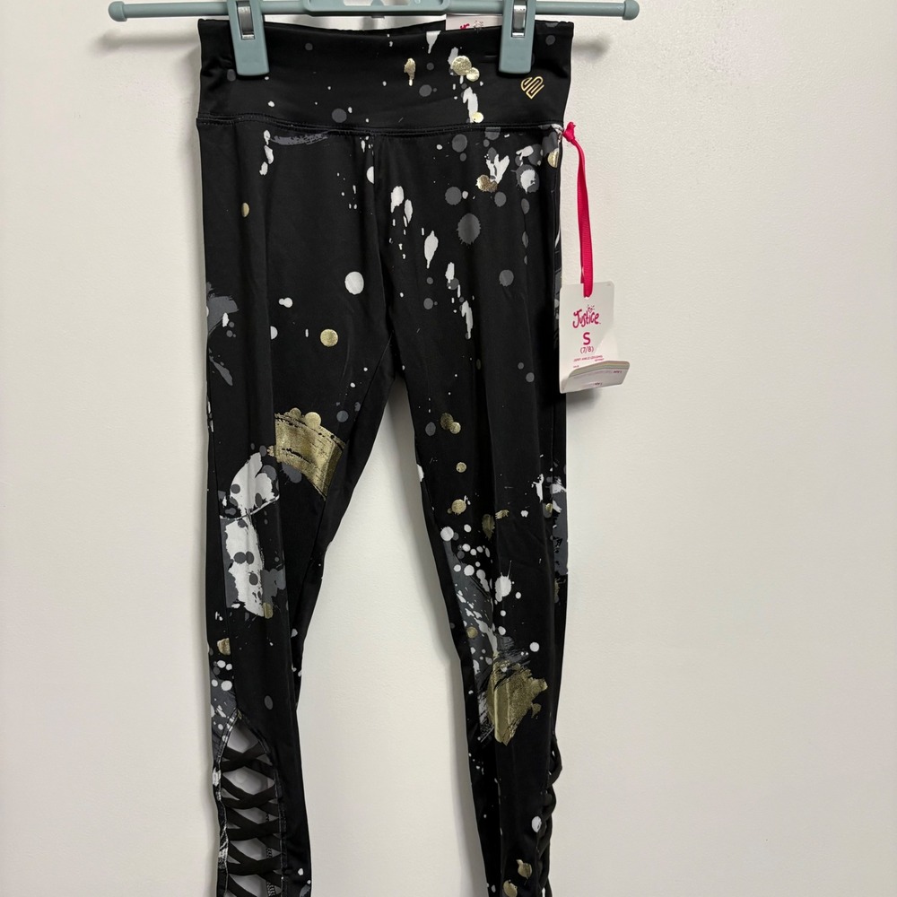 Justice Girls Ankle Leggings Black Gold Splatter Lattice Hem Size S 7/8 NWT